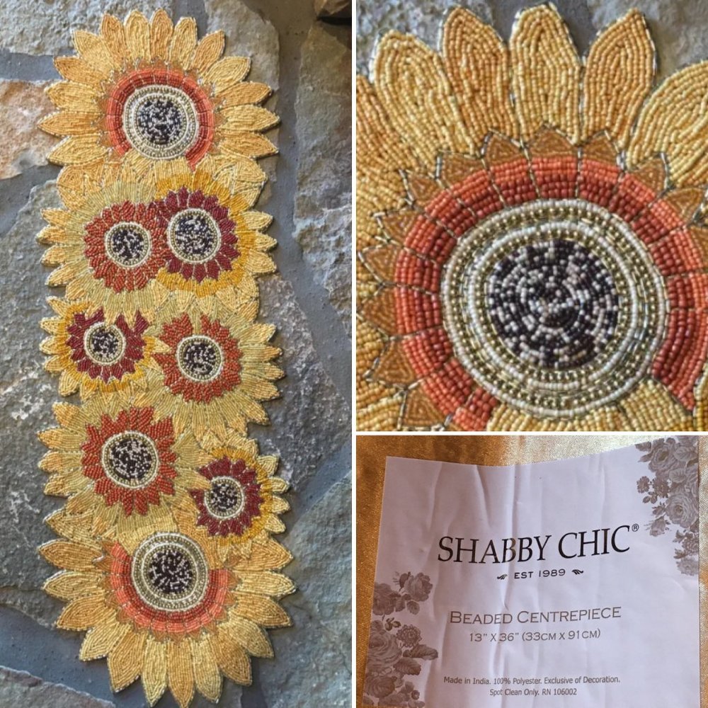 Shabby Chic Beaded Yellow Sunflower Table Runner Centerpiece Fall Decor 36"